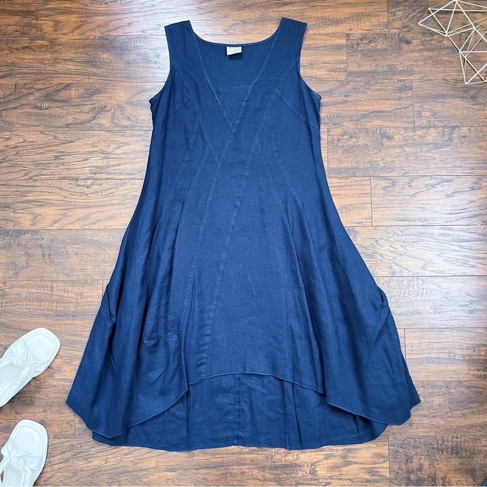 Linen maxi midi dress navy blue asymmetrical lagenlook flowy